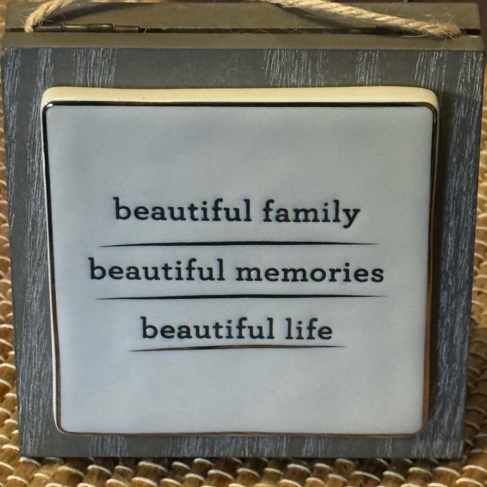 New Beautiful Family easel plaque 5x5 inches. Comes in box